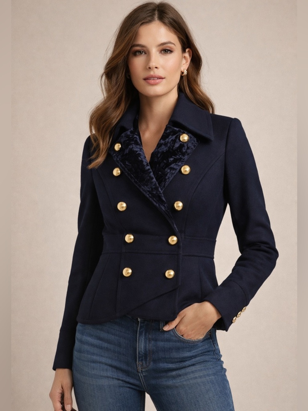 Vintage GUESS Military Wool Jacket Navy Gold Buttons Velvet Trim S | 2010